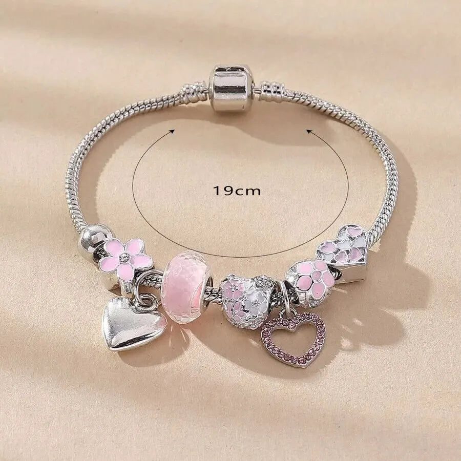 Beautiful Heart Flower Glass Pendant Charm Bracelet for Women