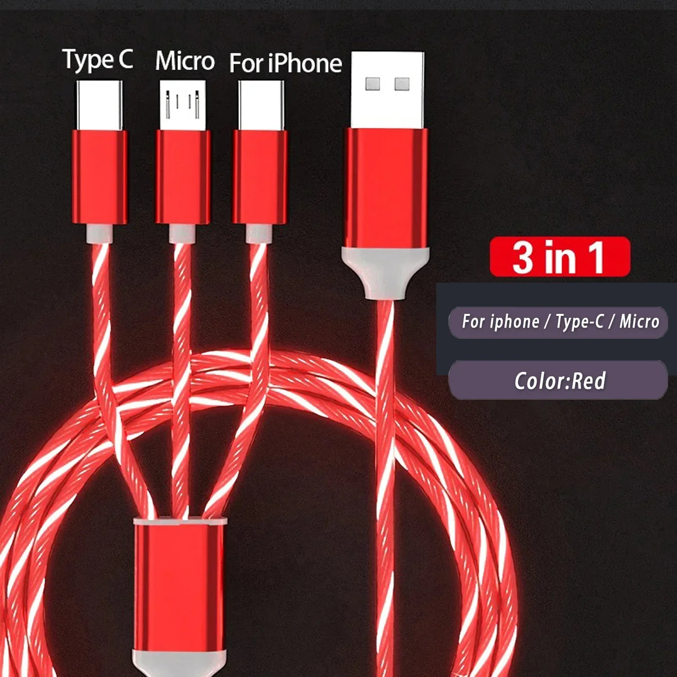 3 IN 1 Glowing LED Light Phone Charger | Luminous USB Type C Cable