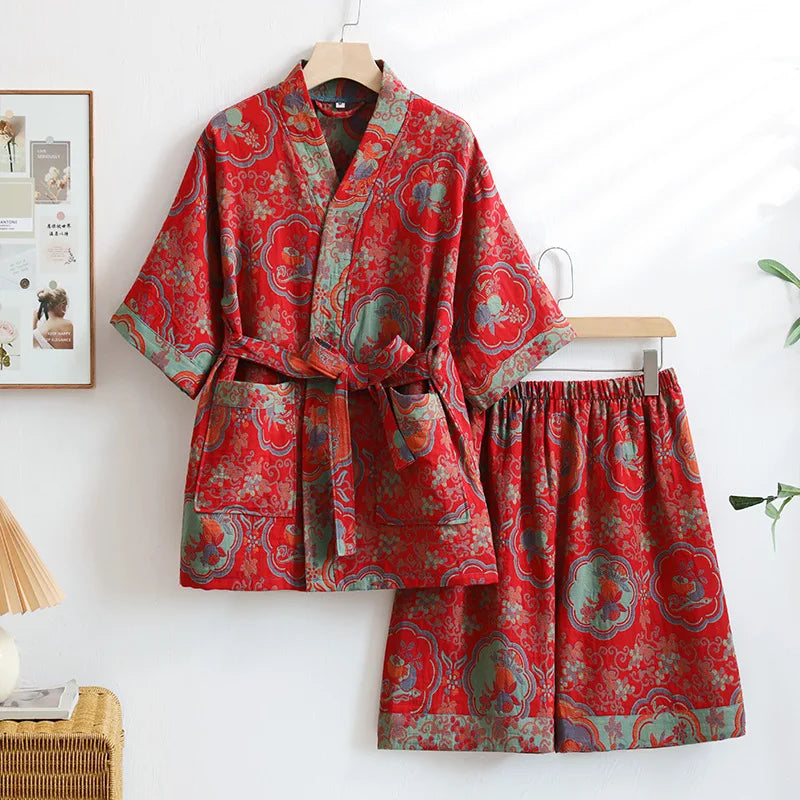 Cotton Double-layer Yarn Jacquard Sweat Steam Clothes Hotel Bathrobe Physiotherapy Clothes with Shorts Pajamas for Women
