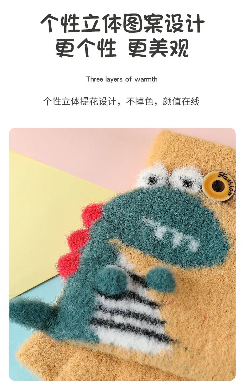 Kawaii Cartoon Dino Kids Half Finger Gloves | Winter Warmth for Fun