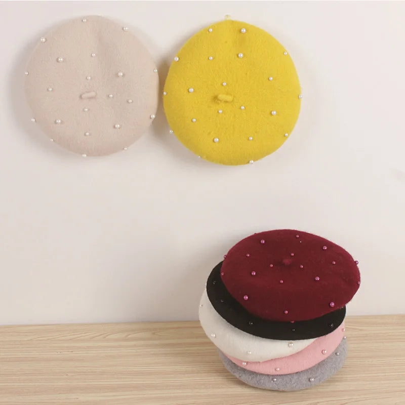Wool Kids Winter Hat | Stylish Baby Beret with Pearl Detailing