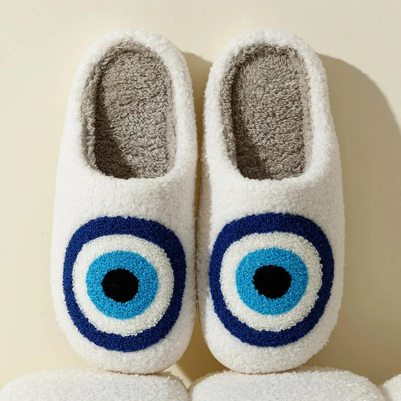Women's Blue Evil Eye Plush Slippers | Cozy Indoor Nazar Shoes