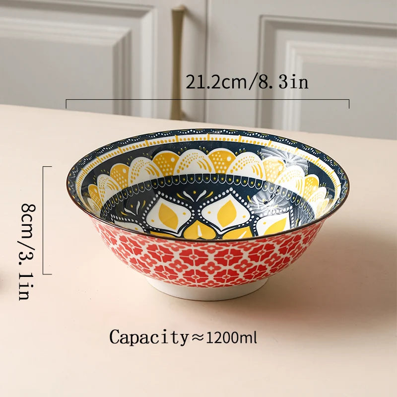 8-Inch Bohemian Ceramic Soup Bowl Set | Dishwasher & Microwave Safe