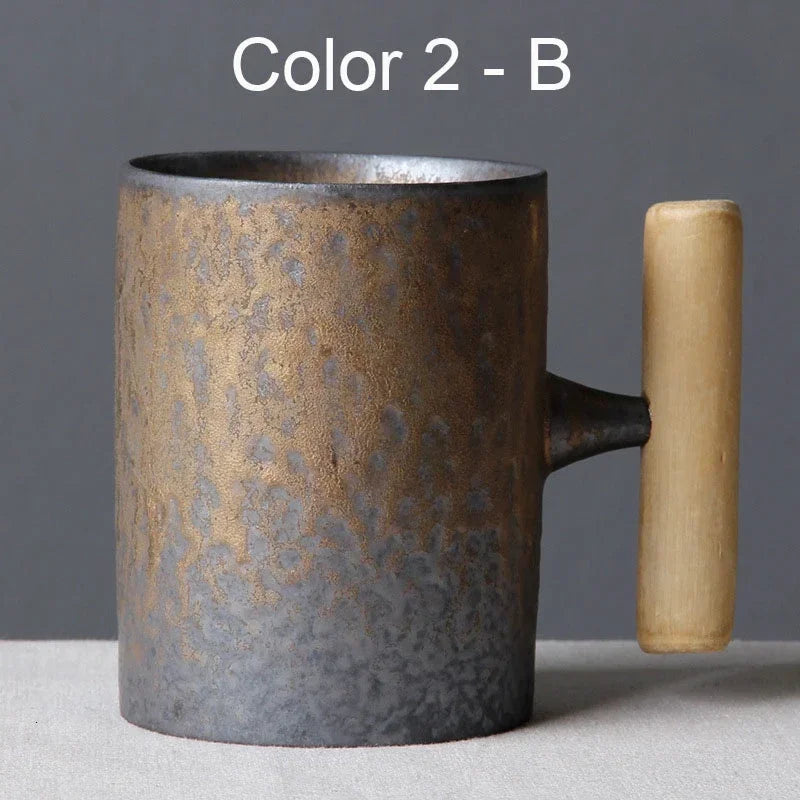 Vintage Ceramic Tea Cup Set with Wooden Handle | Elegant Drinkware