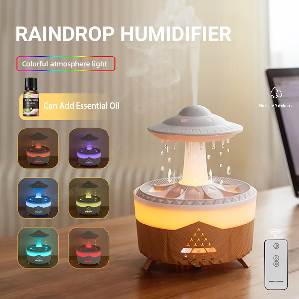 Simulated Raindrop Air Humidifier | Essential Oil Diffuser with Lights