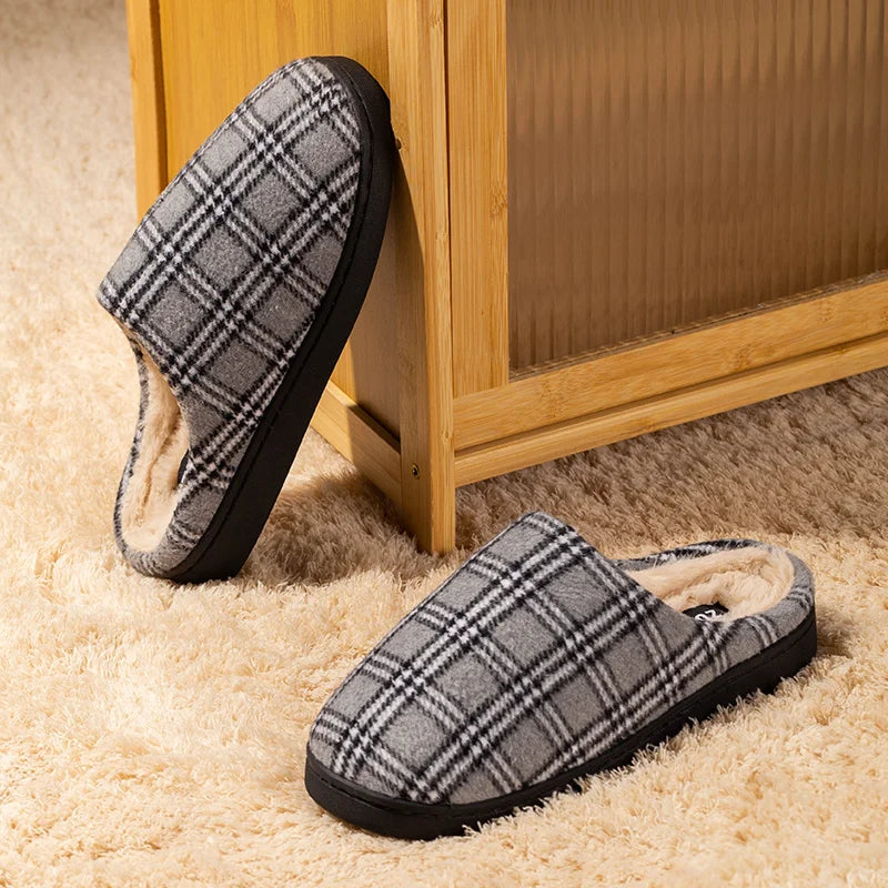 Men's Striped Plaid Fleece Slippers | Warm Cozy House Shoes
