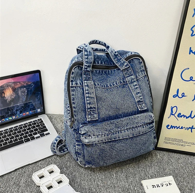 Casual Denim Backpack | Large Capacity Laptop Bag for School & Travel