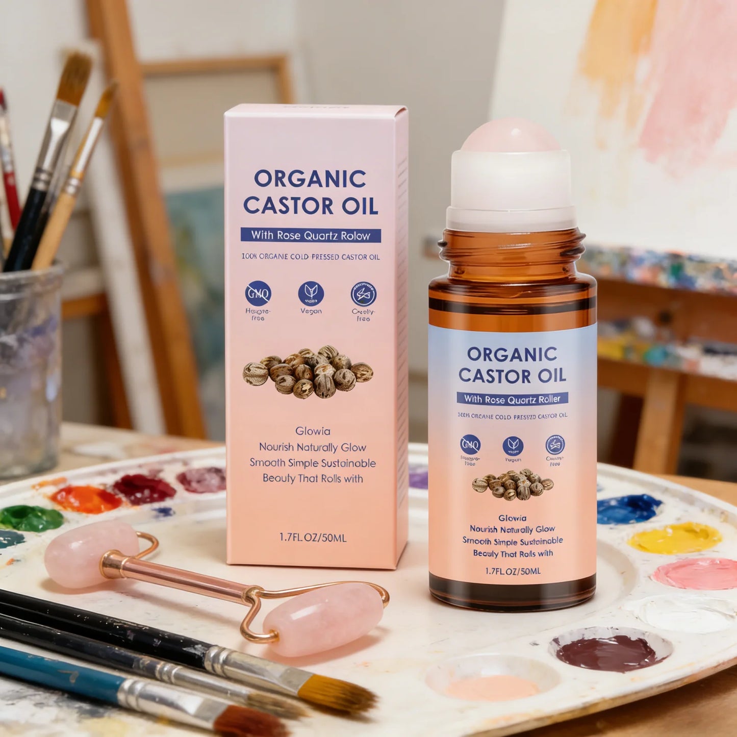 Natural Organic Castor Oil with Rose Quartz | Moisturizing Roll-On