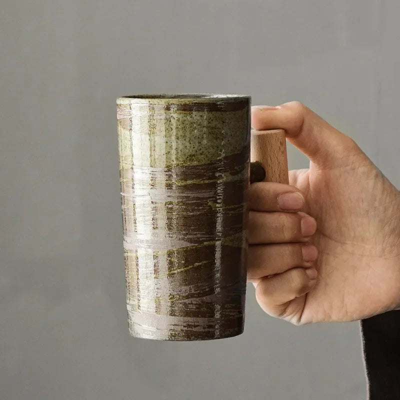 Handmade Stoneware Coffee Cup with Wooden Handle | Vintage Style Mug