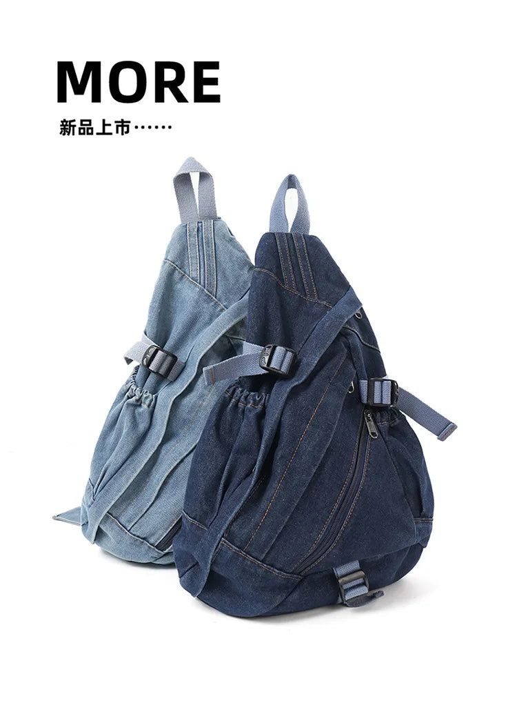 Vintage Washed Denim Sling Bag Man Woman Multifunction Retro Large Capacity Portable Motorcycle Chest Bag