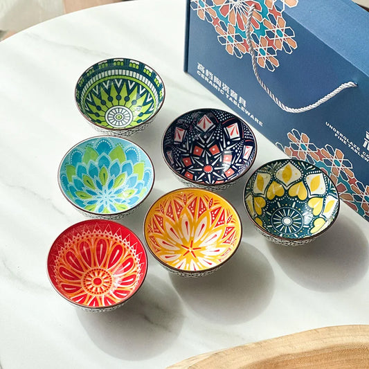 Juego de 6 cuencos de cerámica bohemios | Elegante colección de vajilla