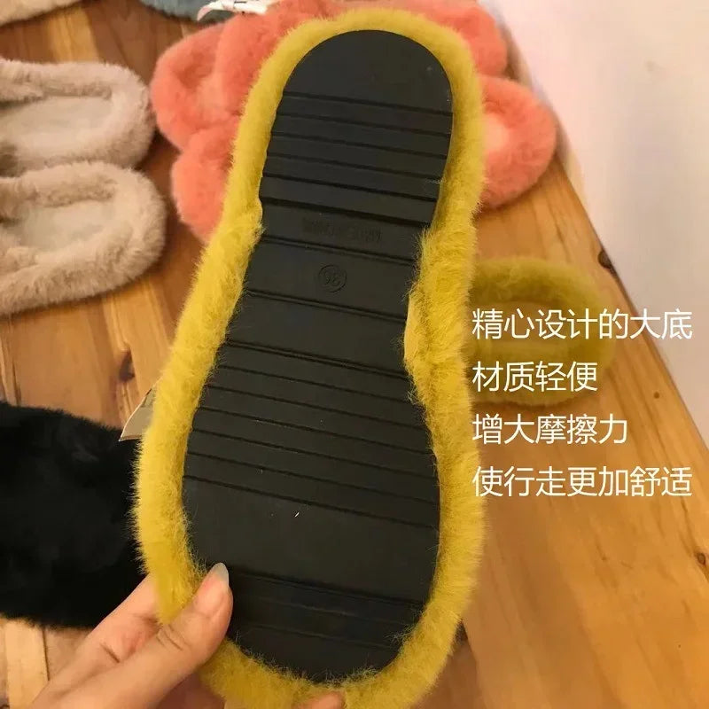 Cozy Double Fur Cross-Strap Plush Slippers | Warm Indoor Footwear