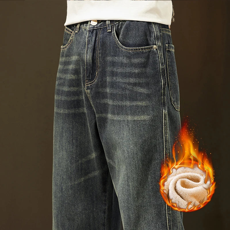 Winter Fleece Thick Cotton Jeans — Warm Korean Velvet Loose Wide Pants for Men, Elastic Waist Plush Tapered Outdoor Trousers