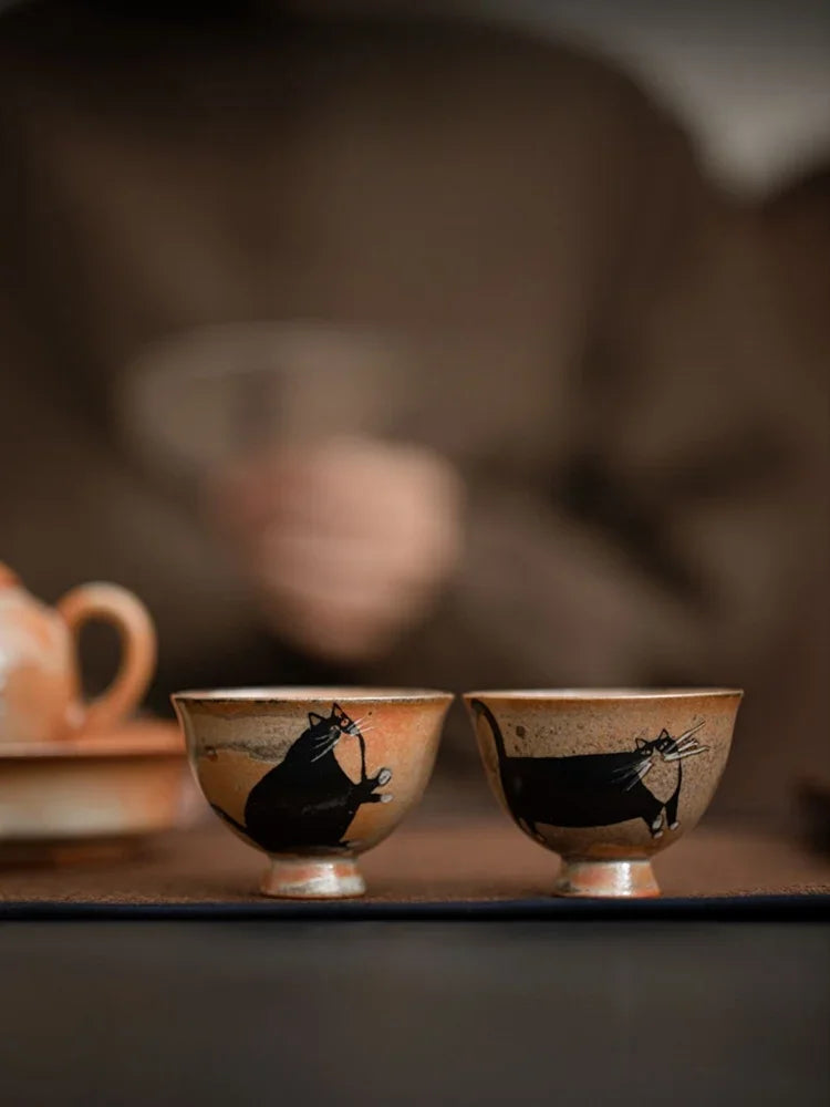 Cute Black Cat Teacup | Elegant Ceramic Tea and Sake Cups Set
