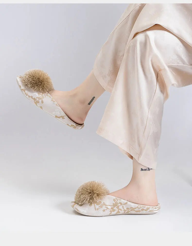 Ladies Indoor Cotton Slippers with Pom Poms | Stylish Comfort