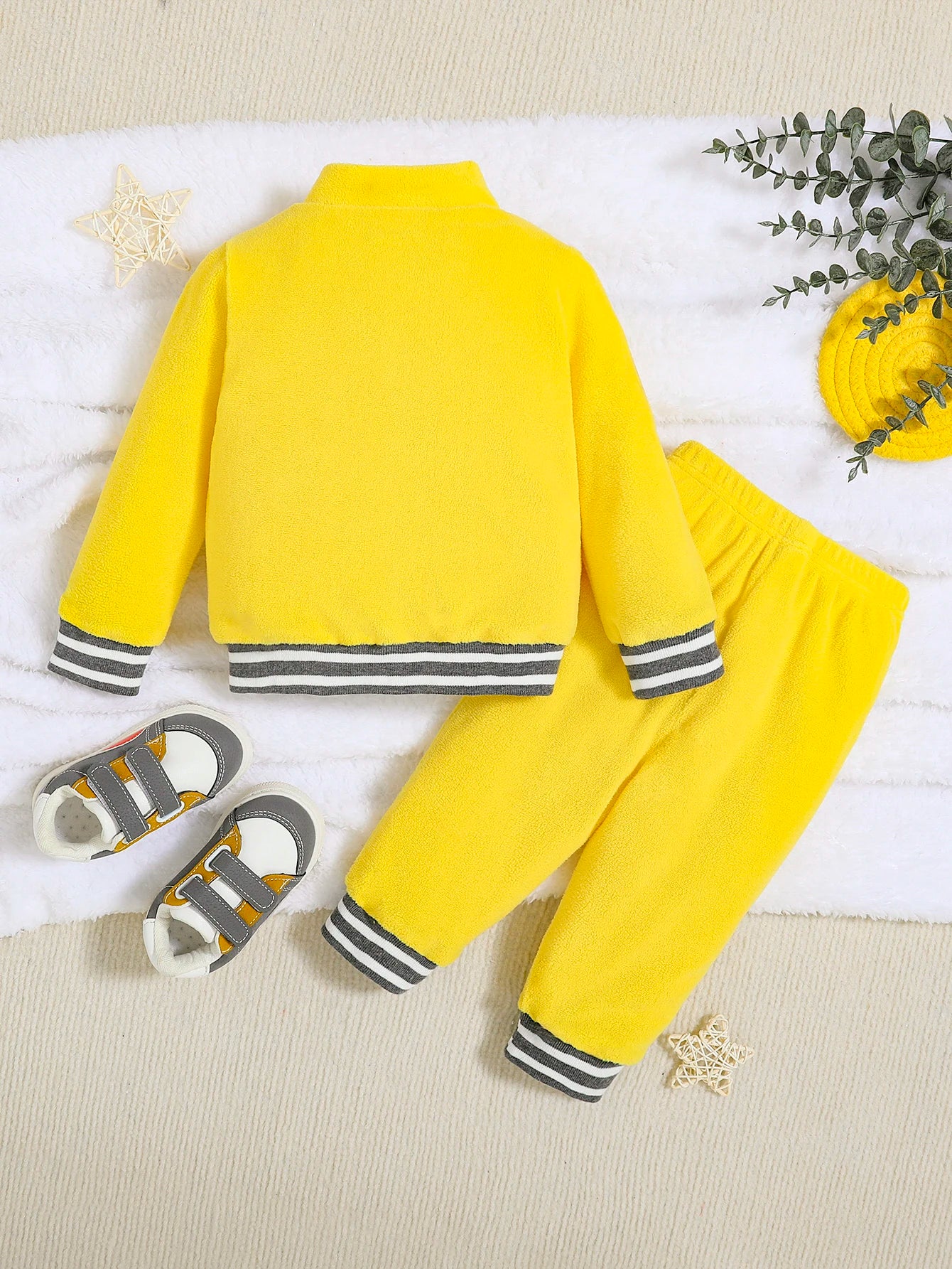 Bright Yellow Coral Fleece Baby Hoodie & Cuffed Pants Set | Warm Outfit