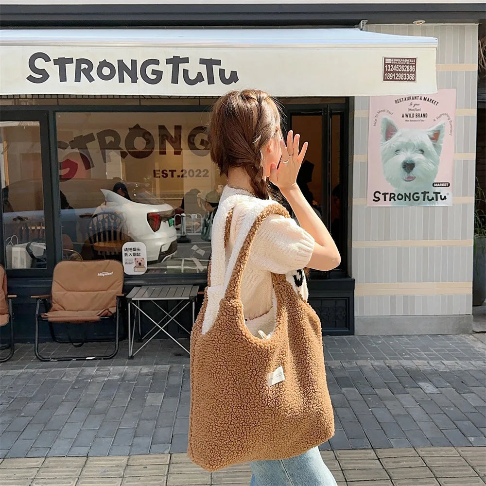 Reversible Plush Shoulder Bag for Women | Warm Fabric Tote