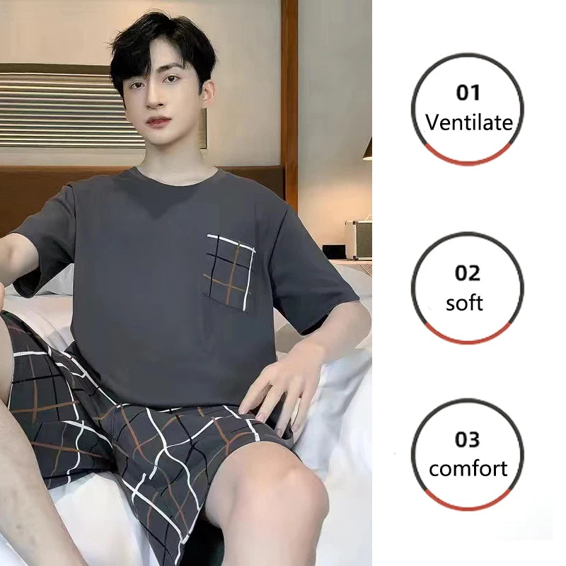 Men's Grey Plaid Short-Sleeved Pajamas | Comfortable Casual Sleepwear
