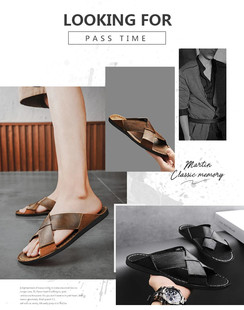 Plus Size Men Leather Slippers Homes In Indoor Slippers Summer Open Toe Sandals Comfy Antiskid Soft Bottom Casual Walking Shoes