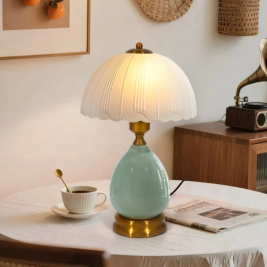 Lámpara de mesa de cerámica vintage | Iluminación de mesilla regulable verde