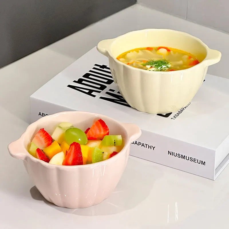 Ceramic Double-Handle Pumpkin Bowl | Versatile Tableware for All Meals