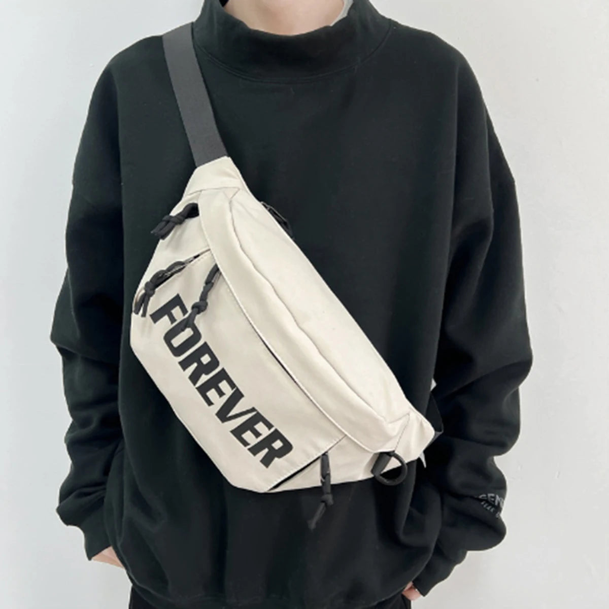 Beige and White Crossbody Chest Bag | Stylish Large Capacity Fanny Pack