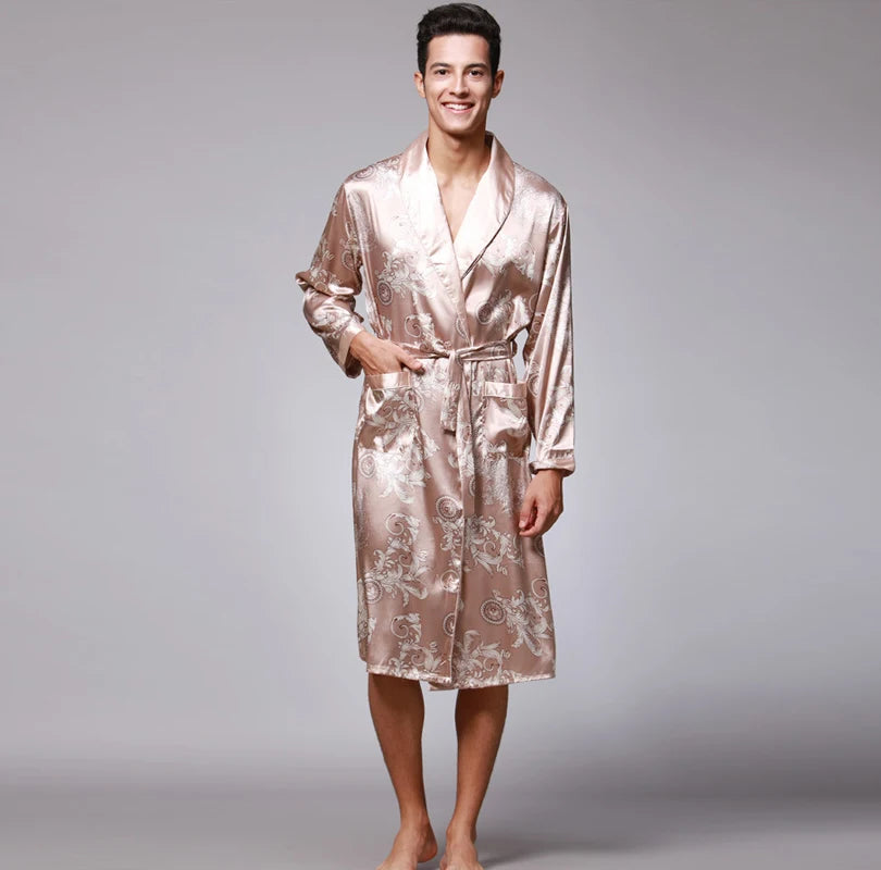 Traditional Japanese KIMONO Fashion YUKATA Oriental Gold Dragons Pattern Bathrobe Summer Men Ice Silk Robes Pajamas  Sleepwear