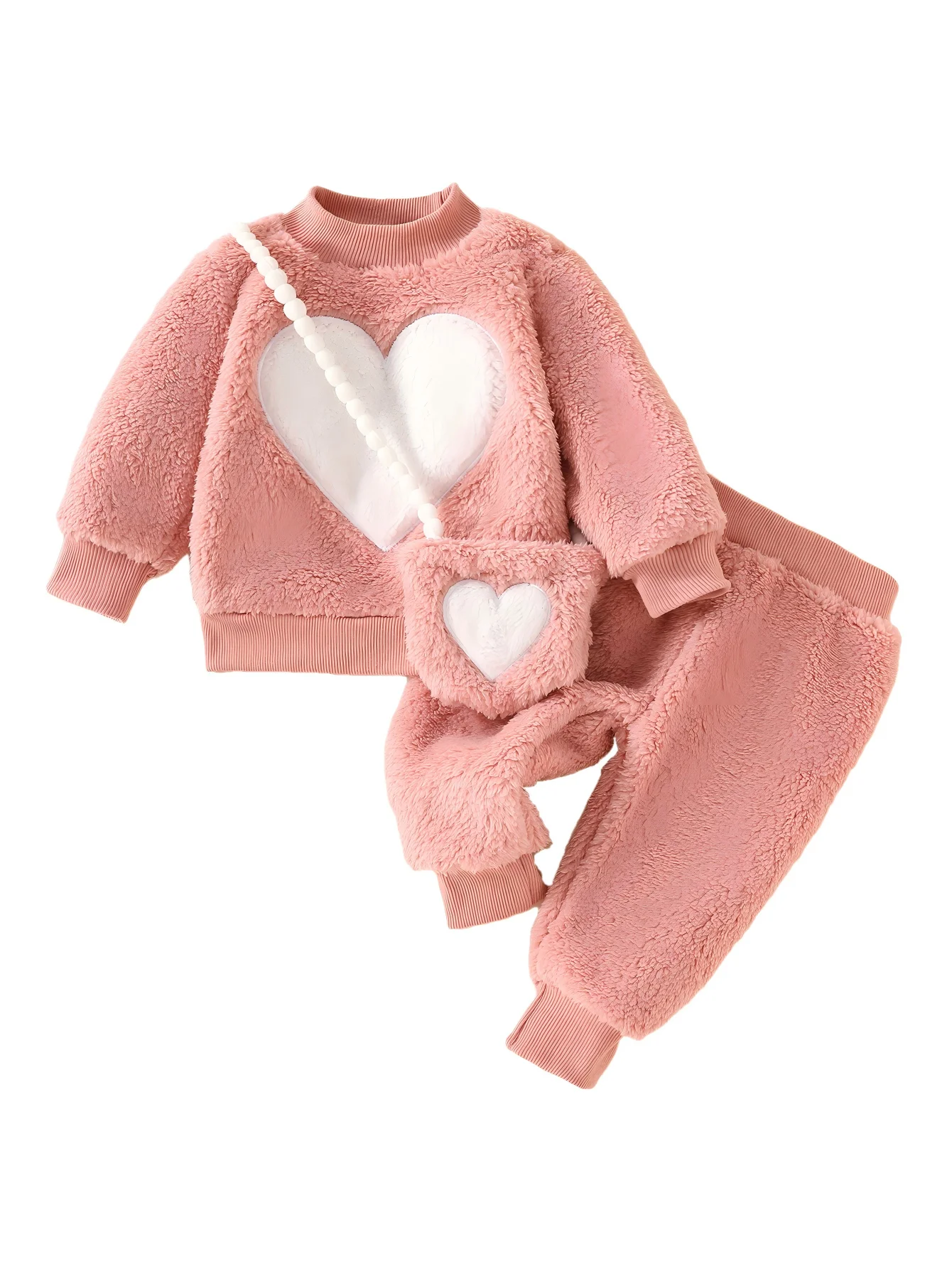 Cute Winter Baby Girl Fuzzy Heart 3-Piece Outfit Set | Cozy Style