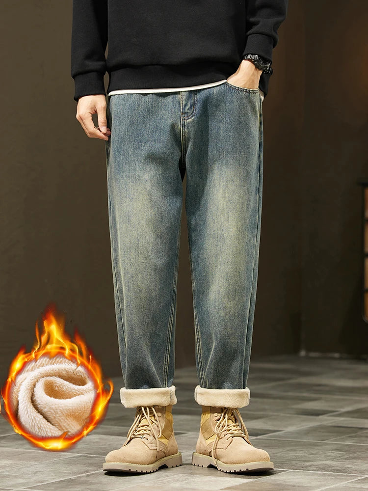Men's Retro Loose Winter Fleece Jeans | Warm Plush Velvet Pants