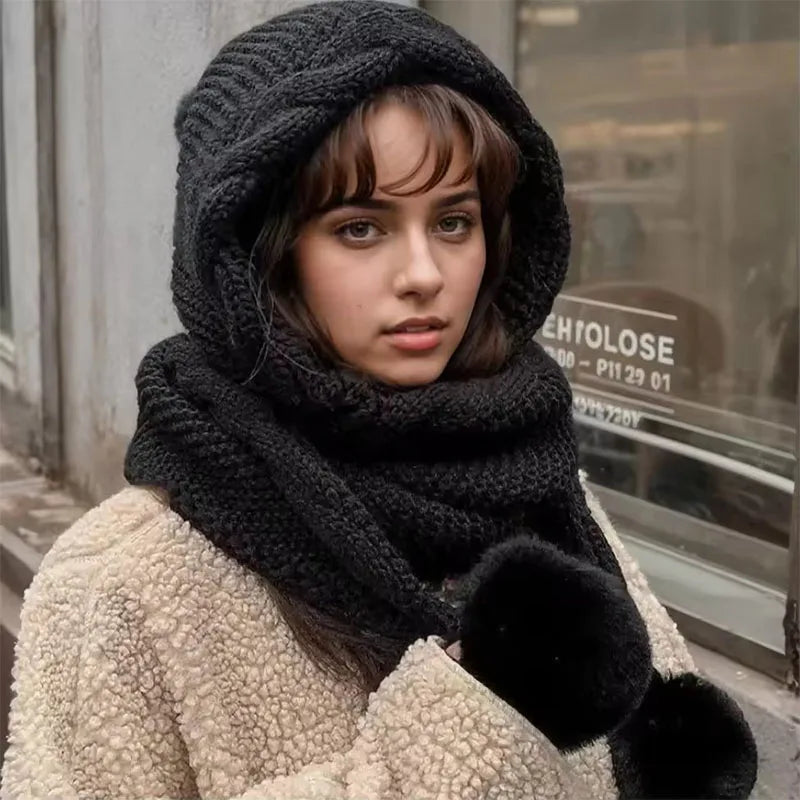 Conjunto de gorro y bufanda de invierno para mujer | Gorro de lana térmico con pompón y pasamontañas
