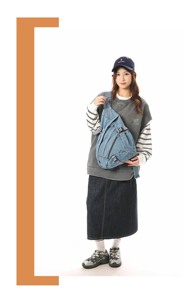 Vintage Washed Denim Sling Bag Man Woman Multifunction Retro Large Capacity Portable Motorcycle Chest Bag
