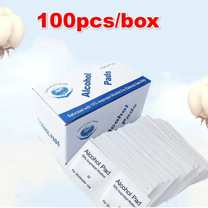 100pcs Portable Alcohol Prep Pads Disinfectant Swabs Wipes Cleaner 70% Alcohol Content Suitable for Mobile Phone Cleaning