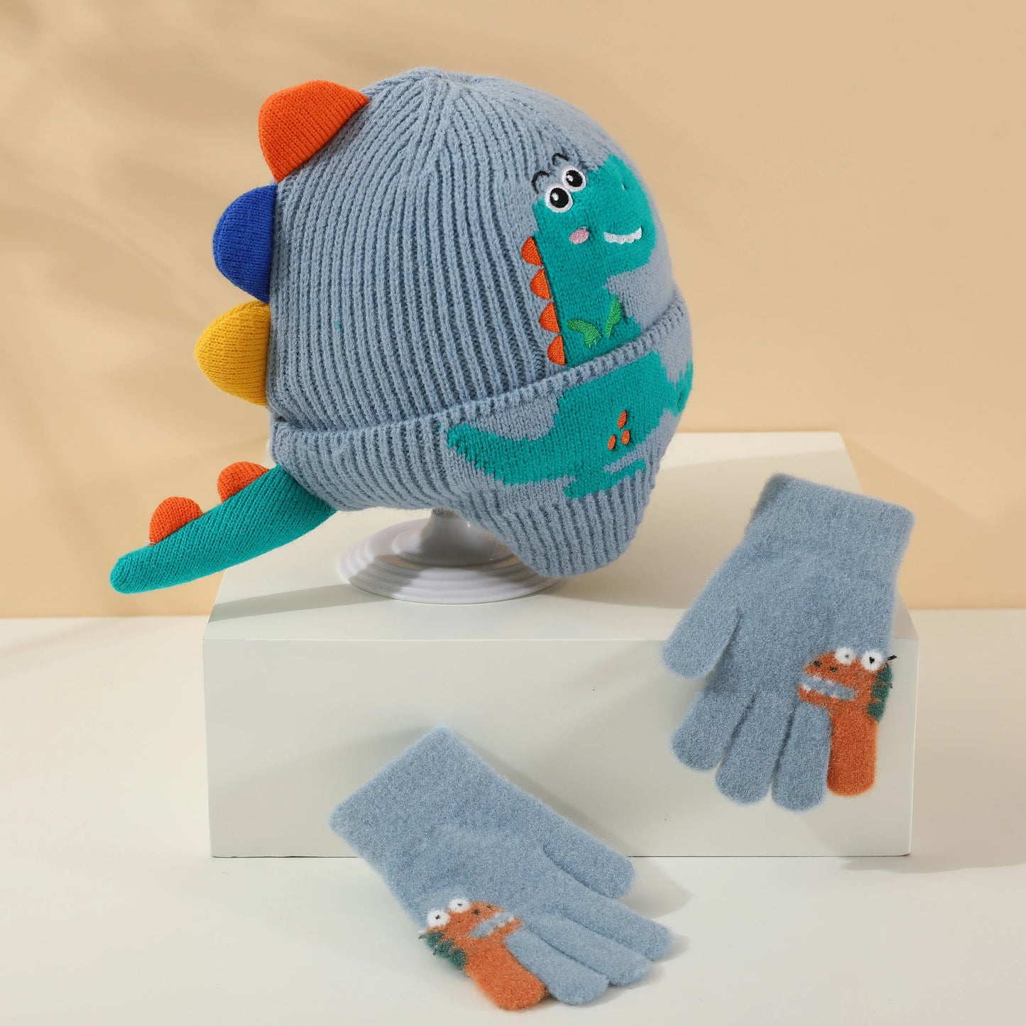 Kids Dinosaur Knitted Beanie & Glove Set | Warm Winter Essentials