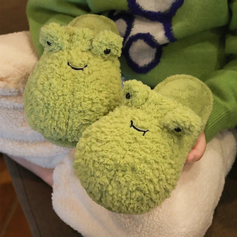 Lindas pantuflas de felpa de rana | Zapatillas de casa cálidas de dibujos animados