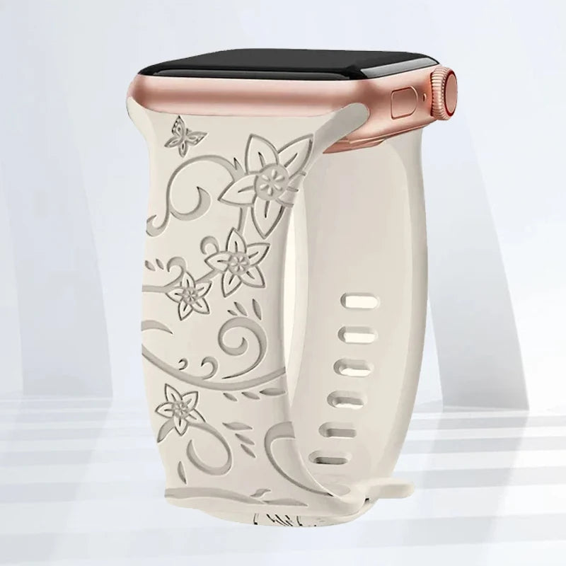 Floral Engraved Silicone Strap | Elegant Replacement Band for Apple Watch