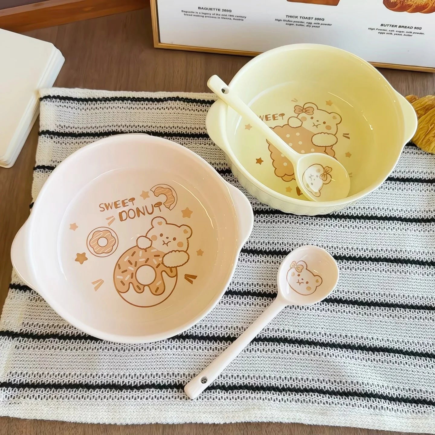 Large-Capacity Ceramic Bowl Set with Handles & Spoon for Kitchen