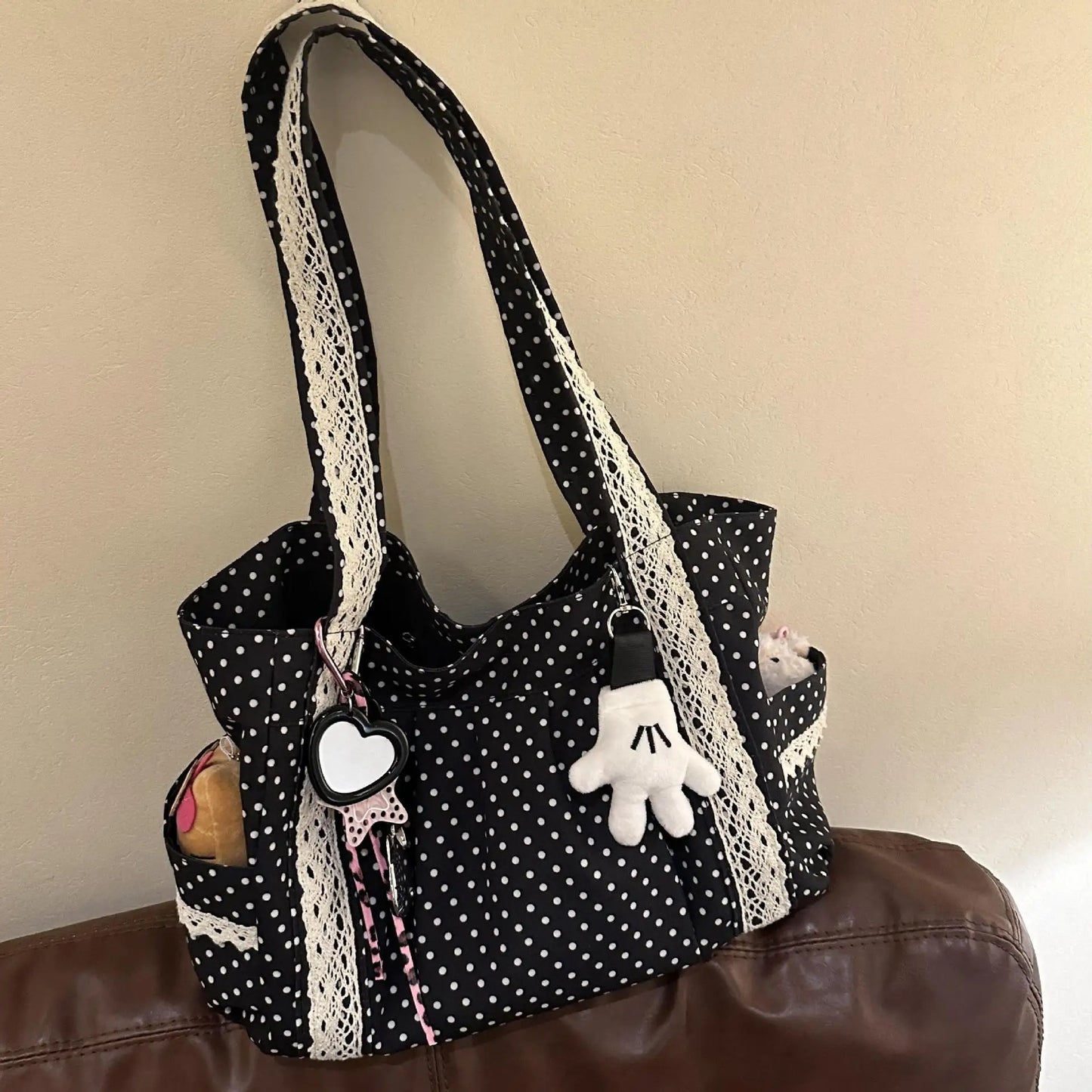 Bolso de mano de lona con lunares vintage | Espacioso y elegante