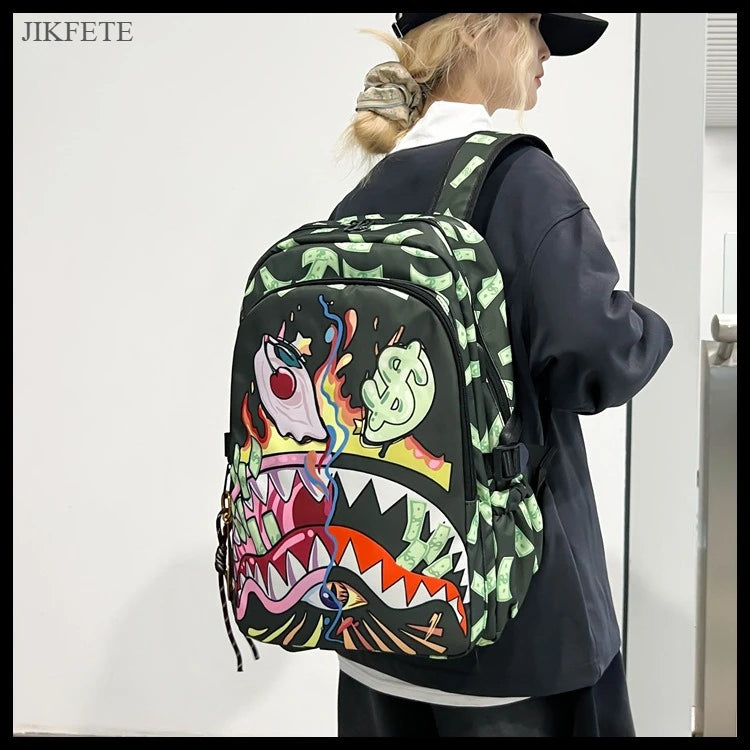 Stylish Shark Mouth Print Backpack | Versatile School & Travel Bag