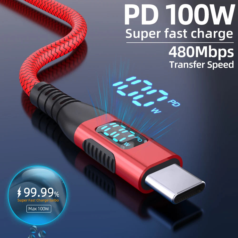5A 100W USB C to Type C Fast Charging Cable with LED Display