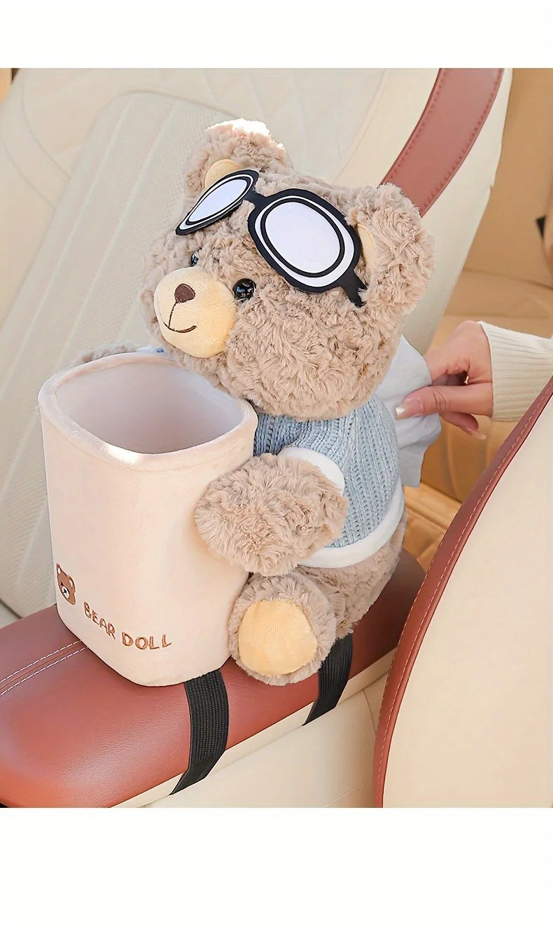 Adorable Teddy Bear Car Tissue Holder & Trash Can Organizer
