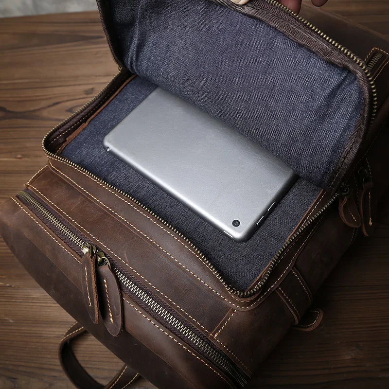 Retro Leather Vertical Backpack | Large Capacity Travel Bag for Men
