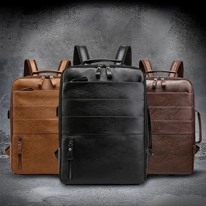 Waterproof PU Leather Business Backpack | Large Capacity USB Rucksack