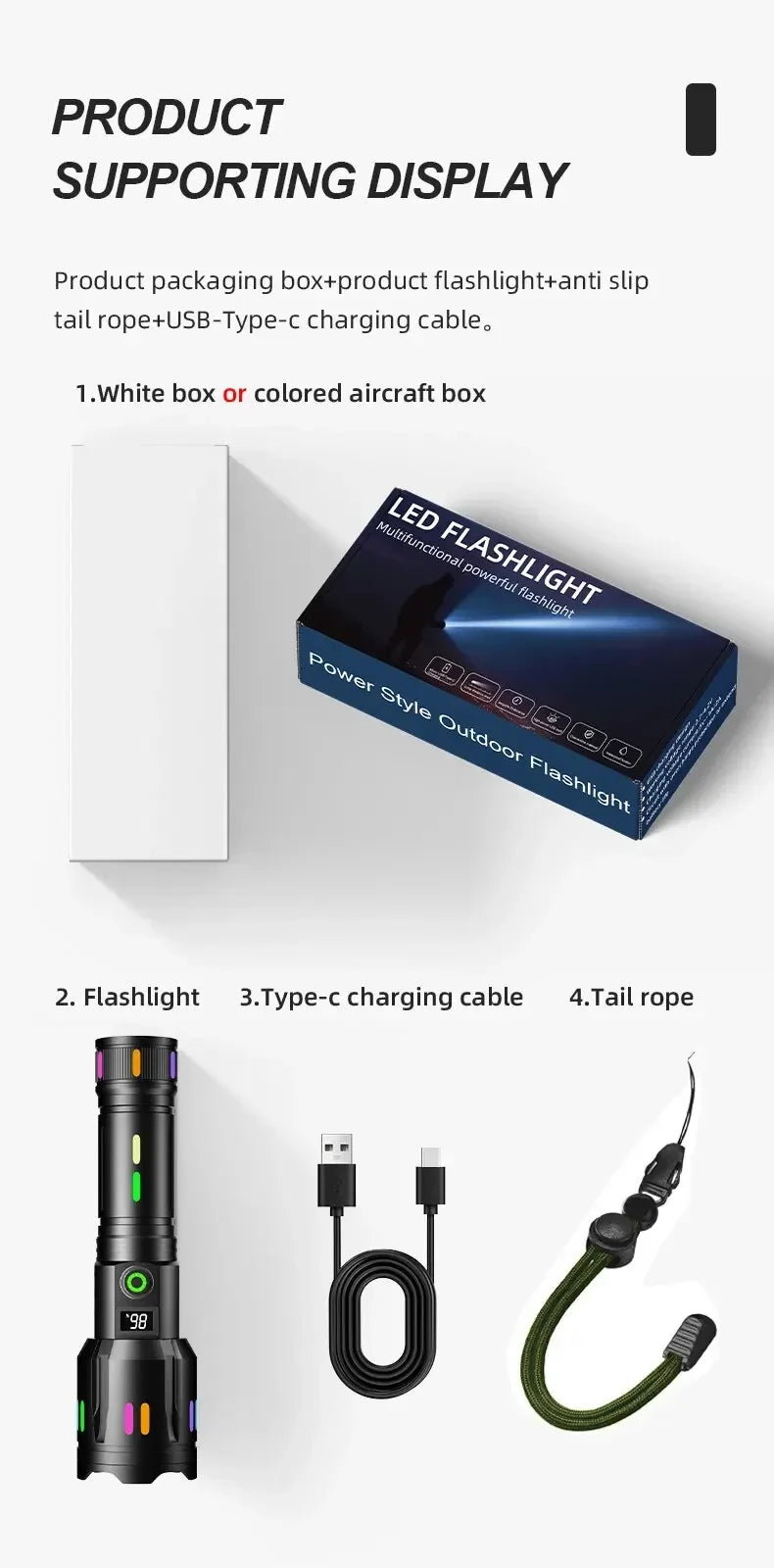 High Power Long Range LED Flashlight | Zoom & Colorful Light