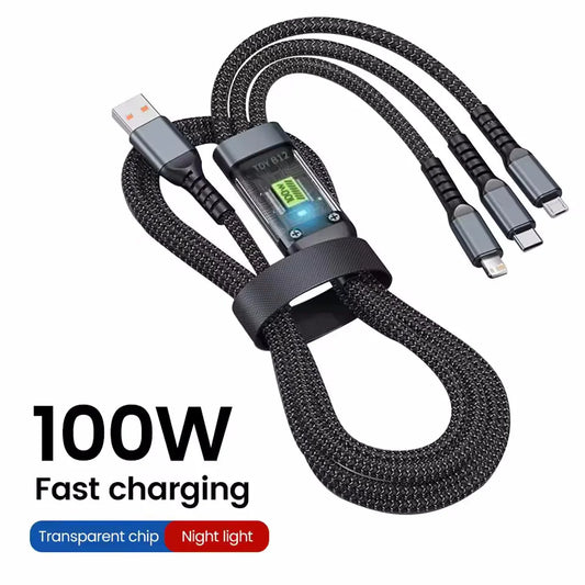 100W 3 In 1 Transparent Pilot Lamp Super Fast Charging Cable