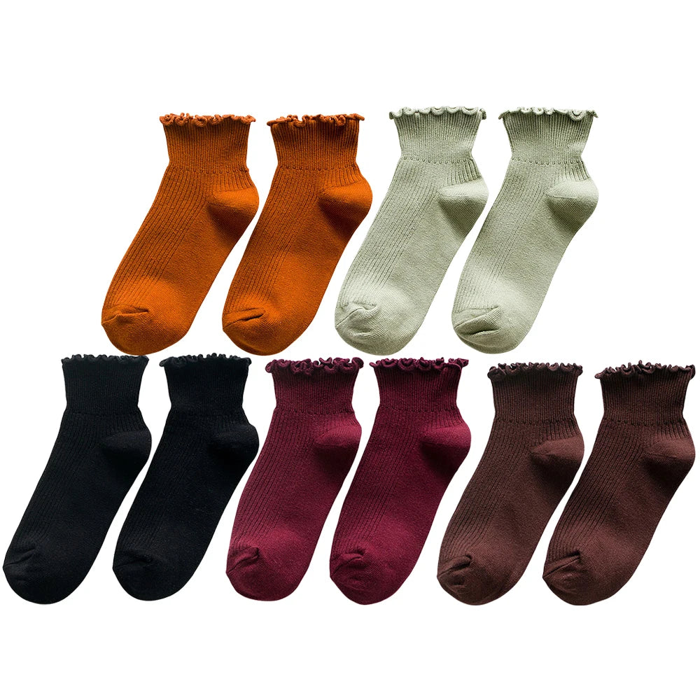 5 Pairs Women's Ruffled Ankle Socks | Stylish and Breathable