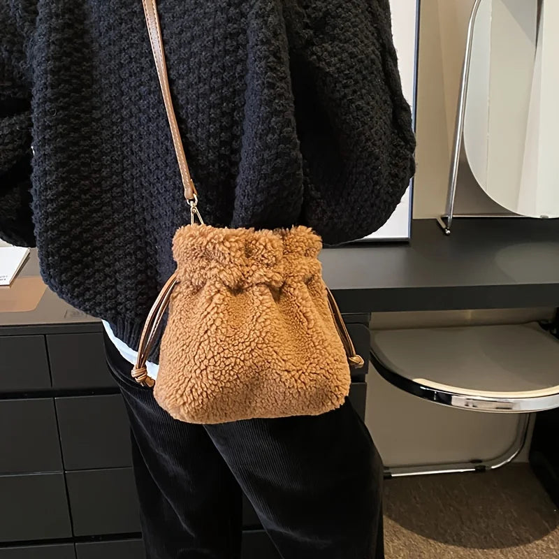 Fashionable Mini Plush Crossbody Bag - Soft Bucket Bag for Women