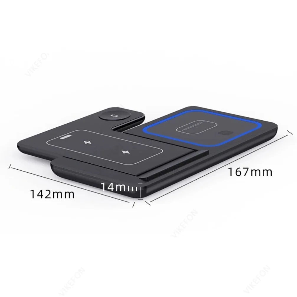 Foldable 3-in-1 Wireless Charging Station — 30W Fast Charging, Dual Coil Design, Portable Travel Stand with LED Light for iPhone 17 / 16 / 15 / 14 / 13 / 12, Apple Watch & AirPods