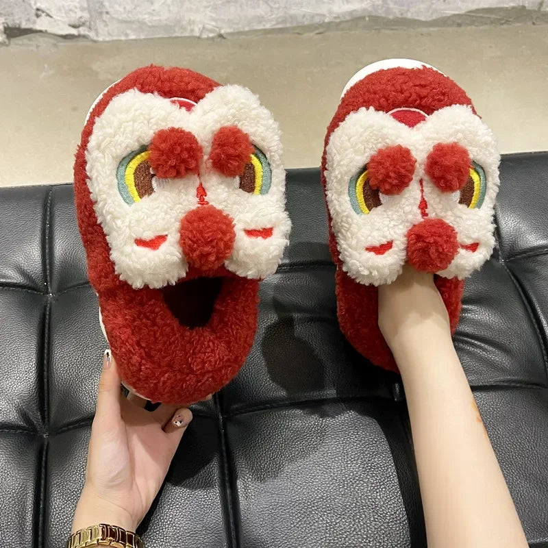 Cute Lion Dance Plush Slippers | Cozy Warm Winter Slides