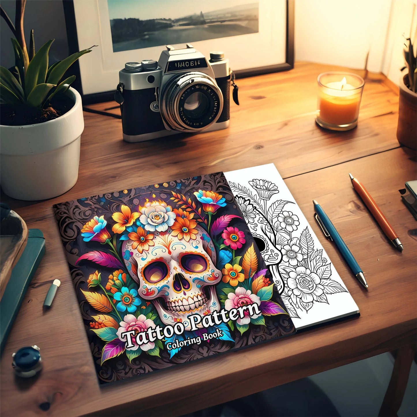 Tattoo Pattern Coloring Book | Skull in Rose Abstract Art