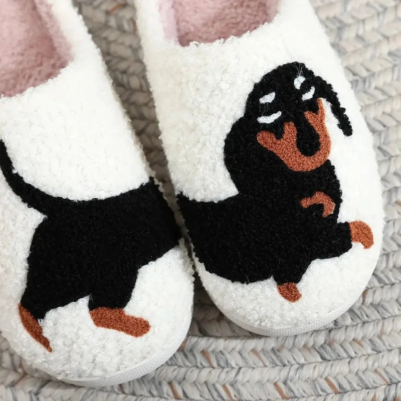 Dachshund Embroidered Plush Slippers | Cozy Winter Indoor Shoes